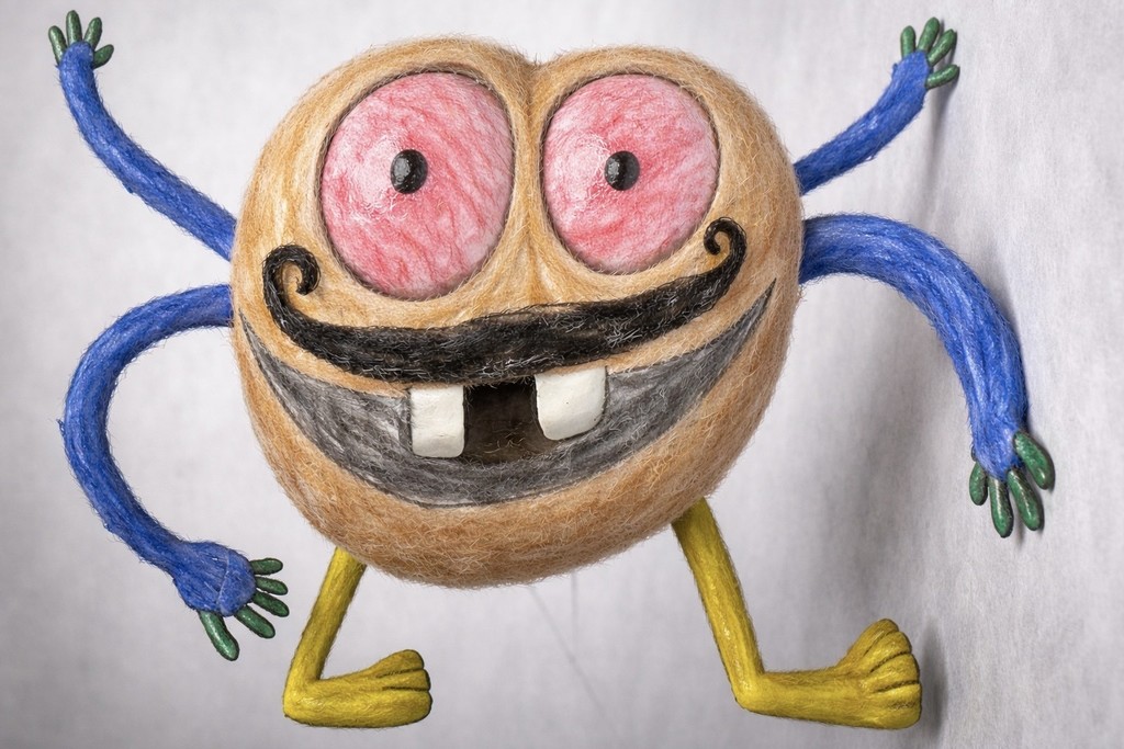 AI version that brough to life the creative drawn creature with 4 blue arms, two yellow legs and 2 buck teeth