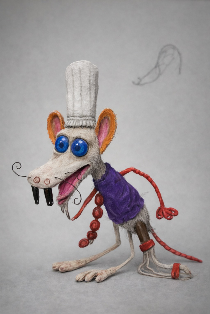 AI version that brought to life the rat-like creative creature with three legs and a chefs hat