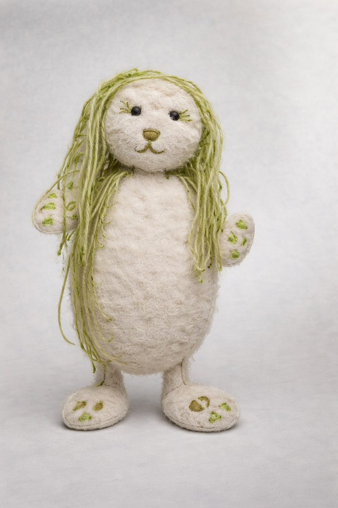 AI version that brough to life the creative hand drawn creation with green yarn hair and rabbit like feet with a fuzzy body