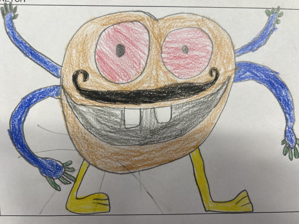 hand drawn creative creature from english class with 4 blue arms and 2 yellow legs and two buck teeth