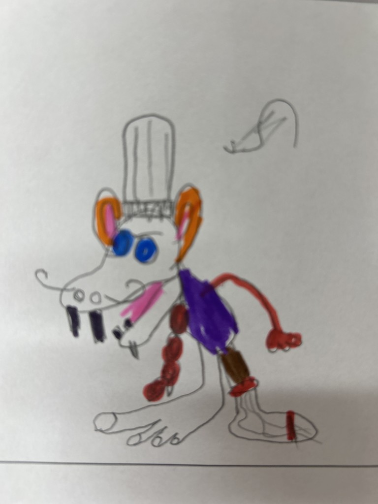 handdrawn creative rat like creature with one human-like foot and the other looking like a blob with sharp front teeth