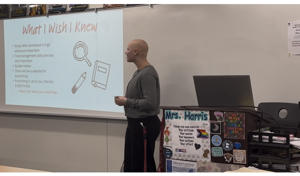 previous student Cadence Wynn talking to Mrs. Harris's classes