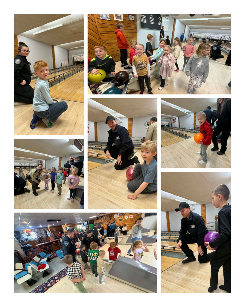 Kindergartners bowling with law enforcement and EMT's from our local hospital