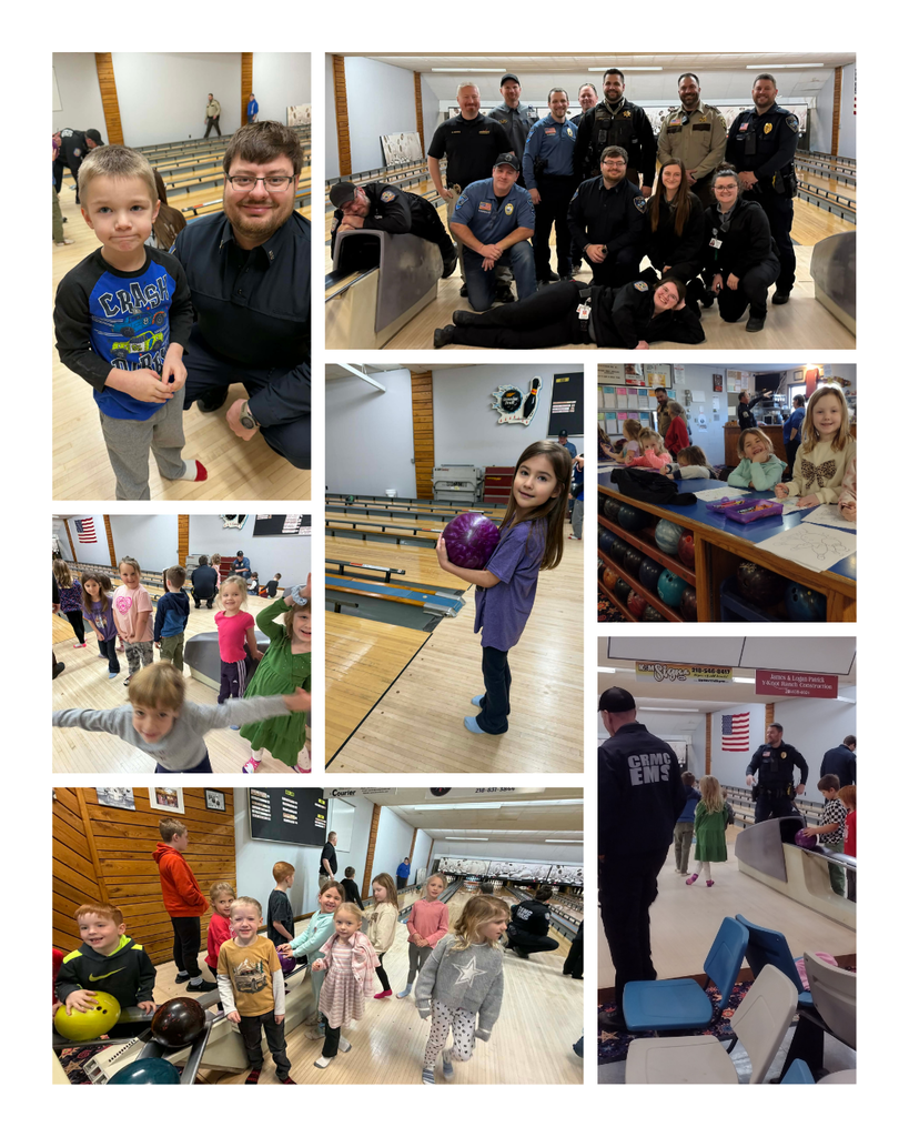 multiple photos of kindergartners bowling at Cuyuna Lanes along with EMT's and local law enforcement