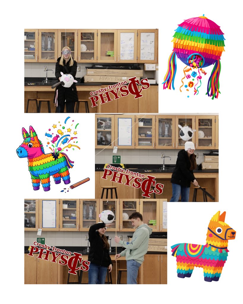three photos of students in physics class measuring how fast prizes out of the pinata would fall