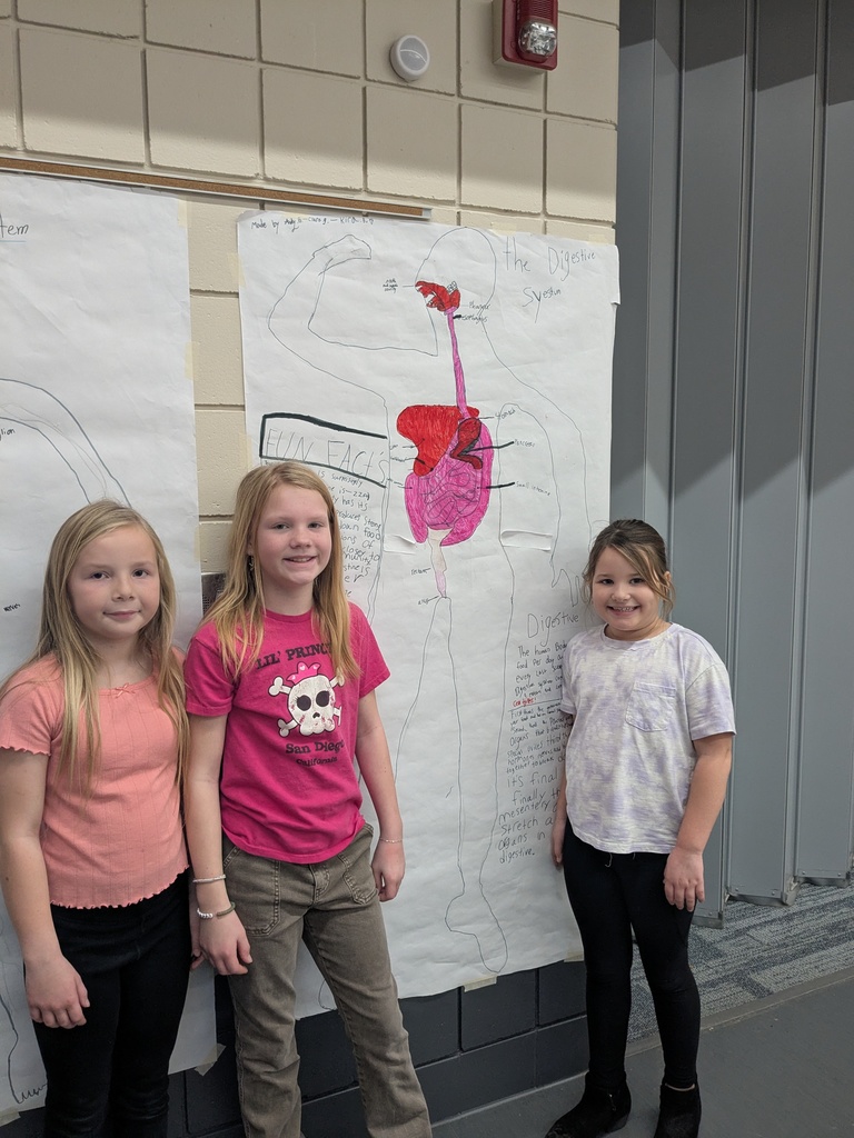 three female students standing next to their body system outline that they drew and filled in about the digestive system