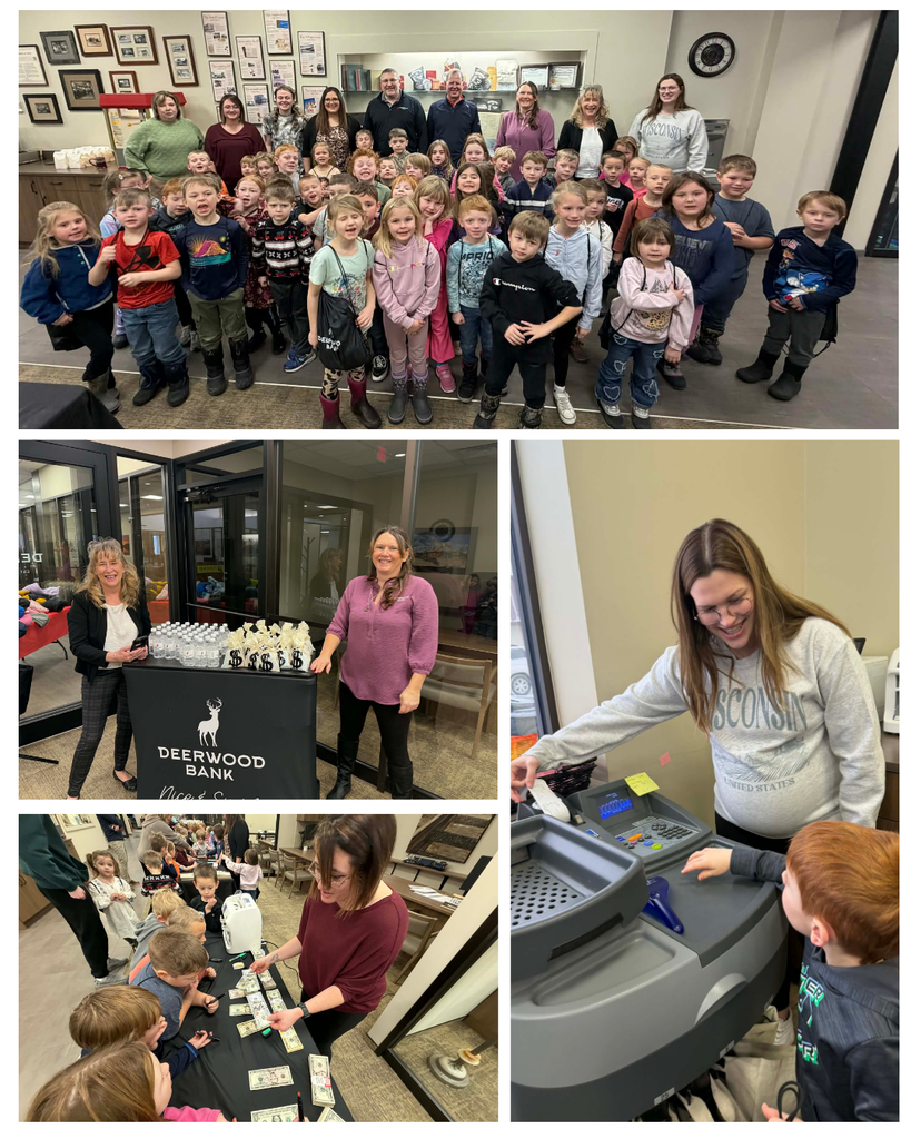 Kindergarten at Deerwood bank, multiple photos: change machine, water and money bags, and a group photo