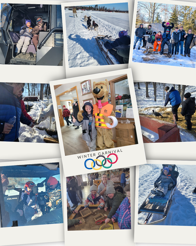 Special Olympic students attending the the winter carnival : sledding, playing in sand, sitting in a side by side and dog sledding