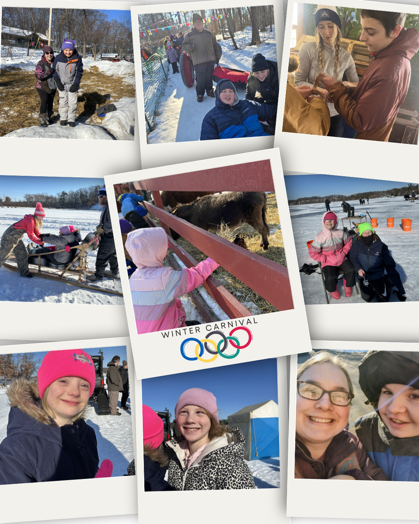 photo collage of students at Winter Carnival holding animals, sledding and smiling