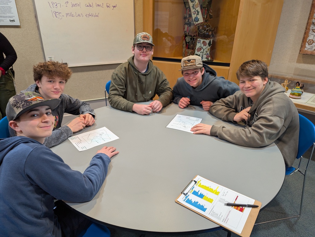 5 male 8th grade students sitting around a table looking over a worksheet at the museum