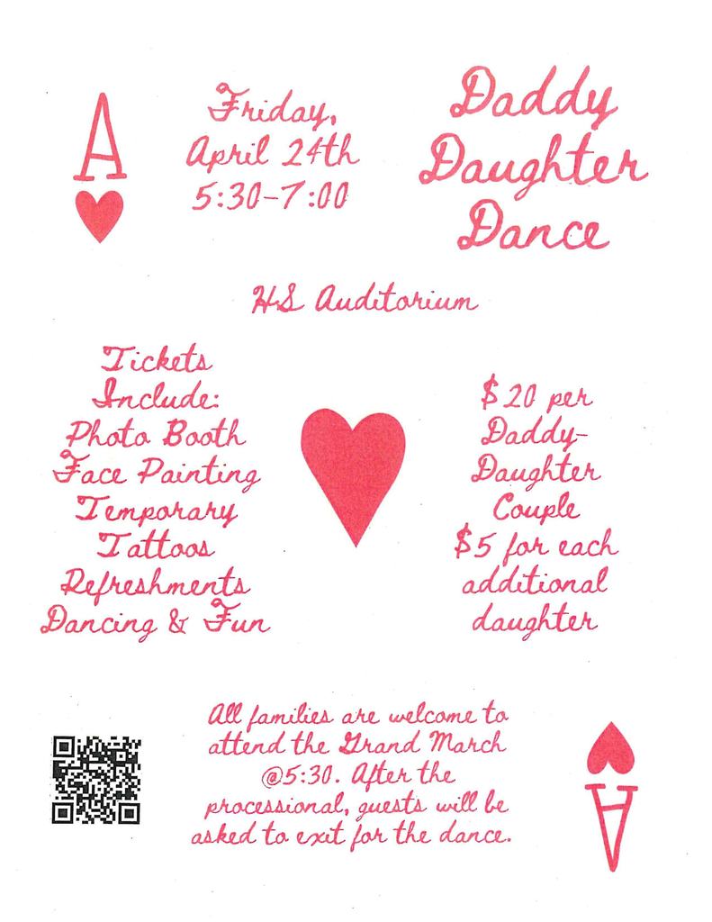 daddy daughter dance flyer with a QR code April 24