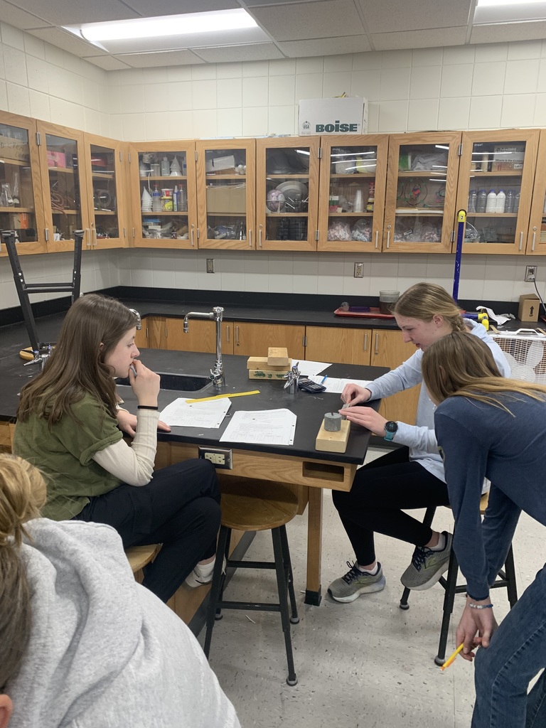 three female students looking at weights on top of a wood block for a lab in science