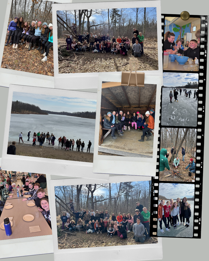 6th grade students at Long Lake walking on a frozen lake, building a camp fire, group photo and dinner