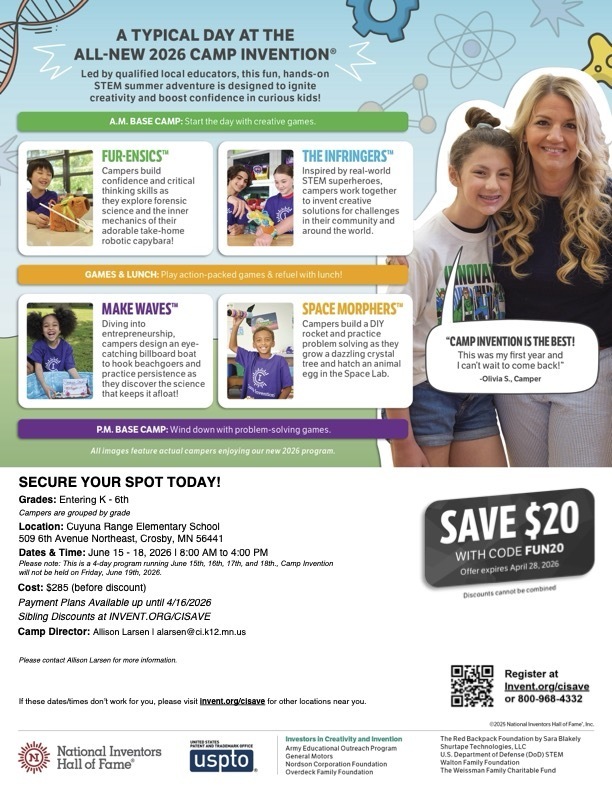 STEM camp at CRES, register by using the QR code or the link in the post.