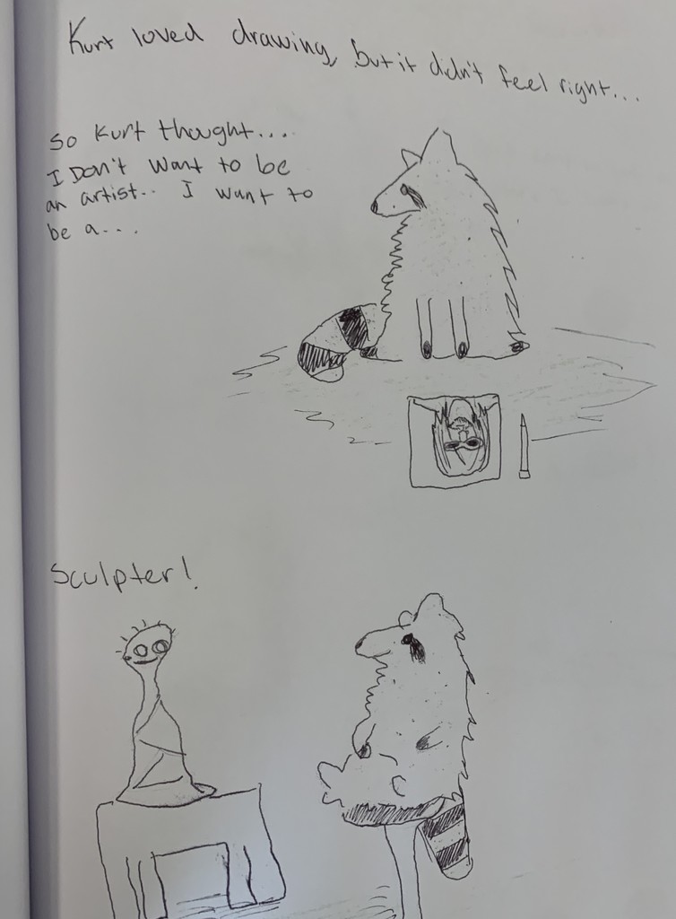 a page of a racoon who thought he wanted to be an artist but really decided he wanted to be a sculptor