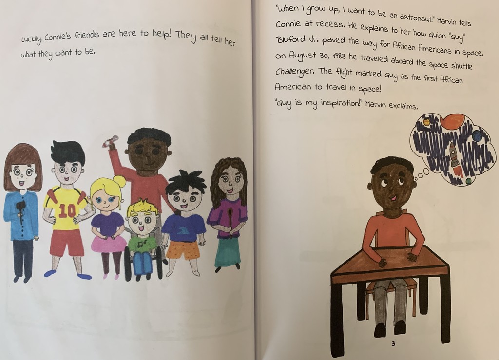 two pages from the children's book in which there are a bunch of friends gathered