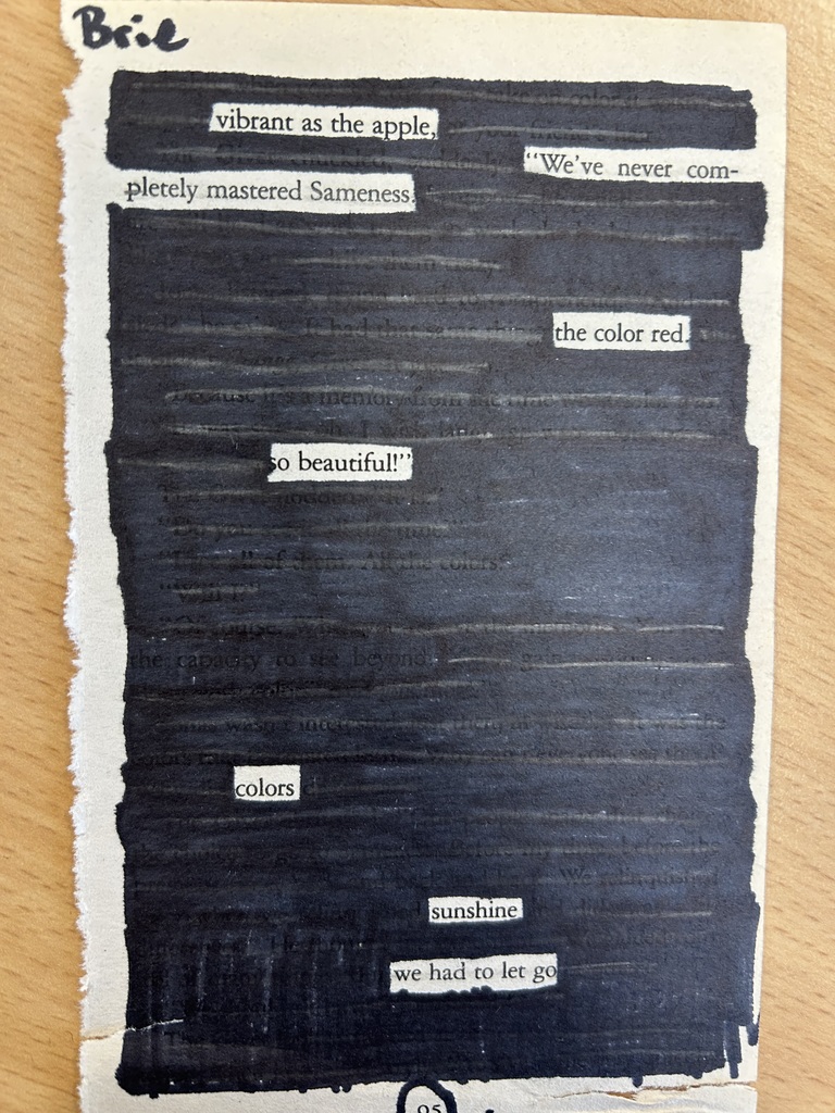 blackout poem from a 7th grader in Mrs. Syrstads class 5