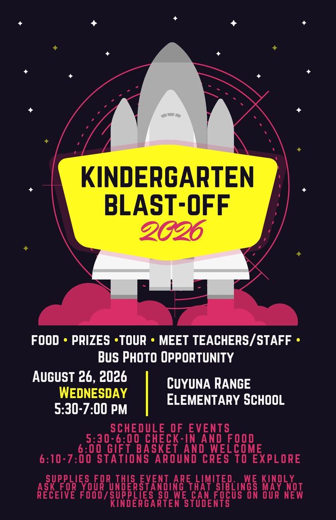 Kindgergarten Blast-off Wednesday, August 26 at 5:30
