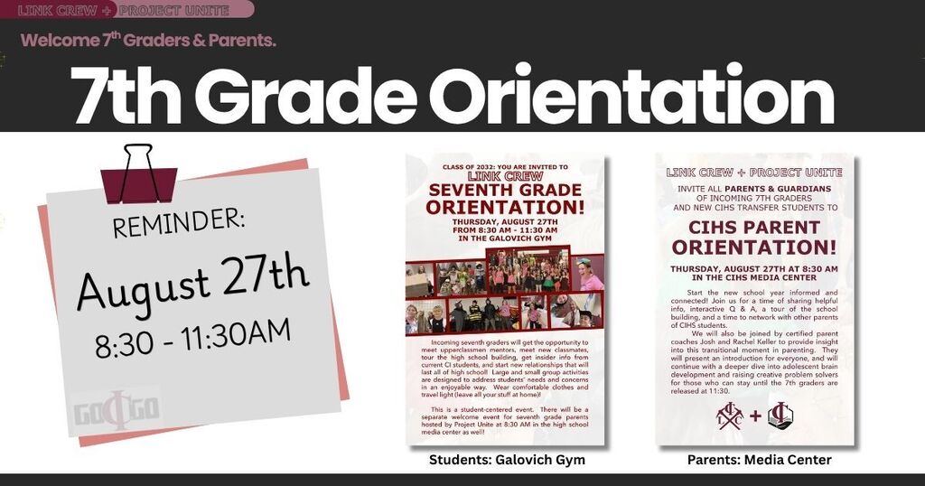 7th grade orientation tomorrow 8/27 8:30-11:30
