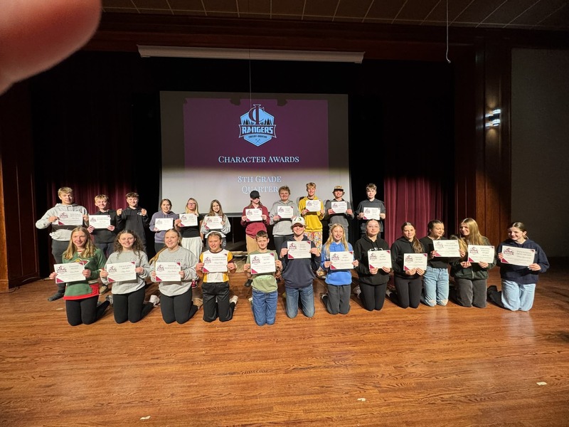 Teacher awards for 8th graders at Ranger Way Awards for 1st quarter 2025