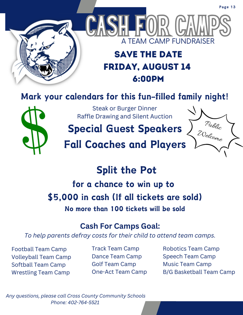 cash for camps Aug. 14