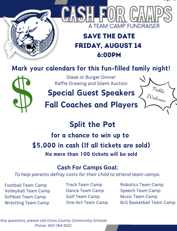 Cash for camps this Friday @ 6:00PM