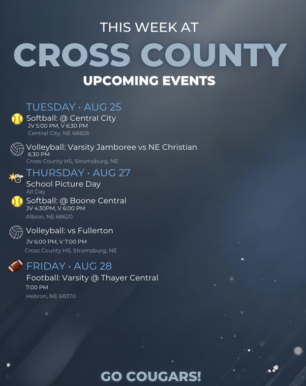 Upmcoming Events- Tuesday- VB and SB, Thursday, SB VB and school pics, Friday, FB