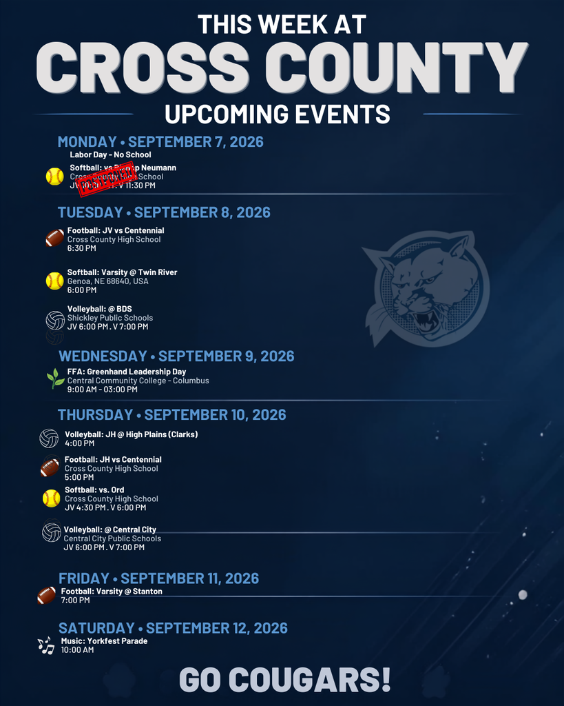 Upcoming Events- Monday sept. 7-Saturday, Sept. 12.