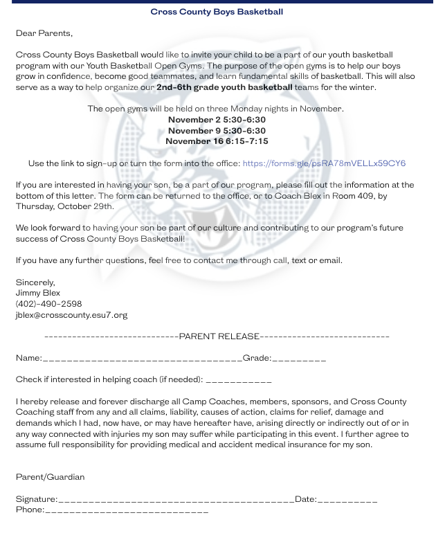 form for Youth BB