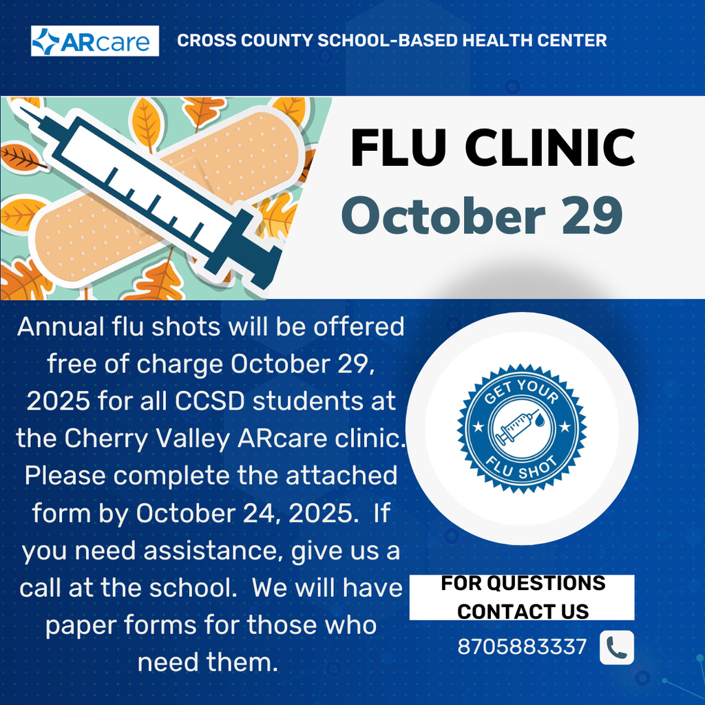 Flu Shots will be for all CC students October 29. Complete the form to register. If you need assistance call the school.