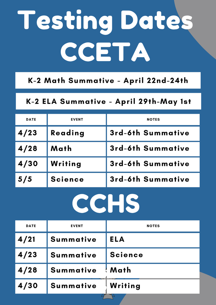 Graphic titled “Testing Dates CCETA and CCHS” on a blue background. CCETA (elementary) testing schedule: K–2 Math Summative: April 22–24 K–2 ELA Summative: April 29–May 1 3rd–6th Grade Summative Testing: April 23: Reading April 28: Math April 30: Writing May 5: Science CCHS (high school) testing schedule: April 22: ELA April 23: Writing April 28: Math April 29: Science