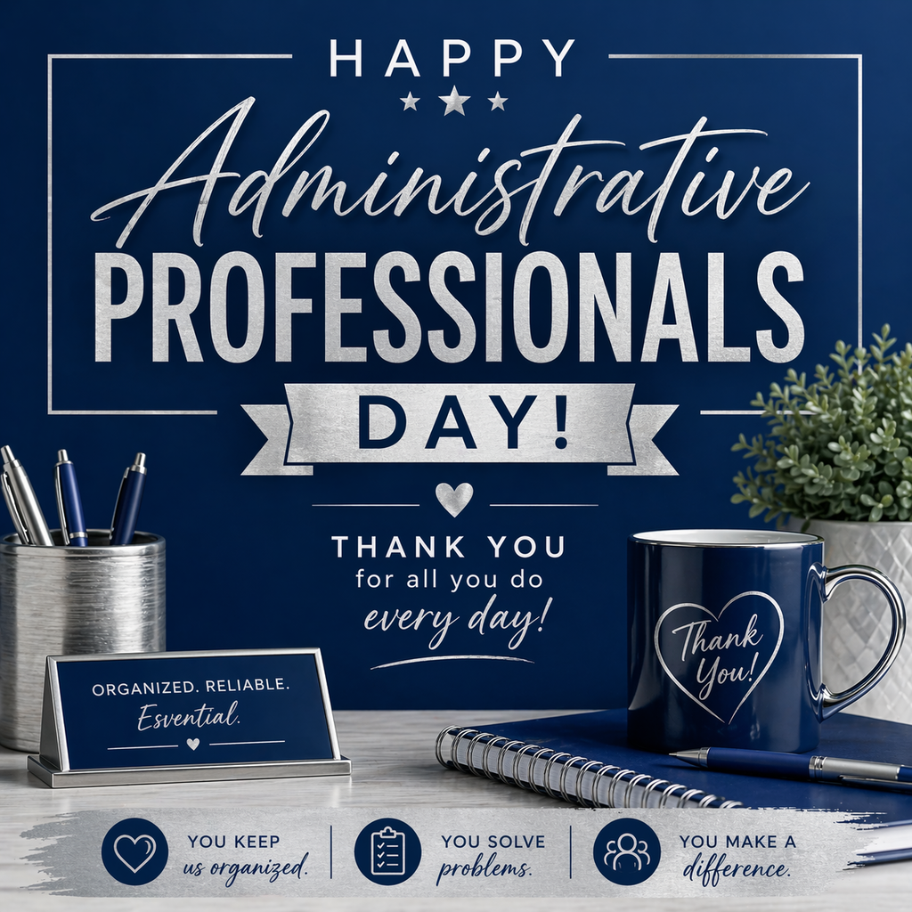 A square graphic with a dark blue background and silver accents celebrating Administrative Professionals Day. The center text reads “Happy Administrative Professionals Day” in a mix of script and bold fonts. Below, smaller text says “Thank you for all you do every day.” The design includes office items like a pen holder, notebook, and a blue coffee mug with “Thank You” written on it. Along the bottom, icons and phrases highlight appreciation, including “You keep us organized,” “You solve problems,” and “You make a difference.”