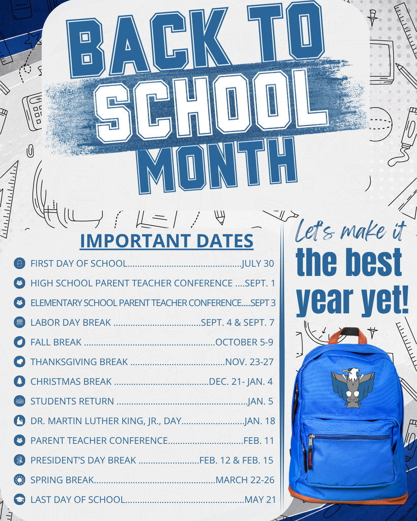 A blue, silver, and white "Back to School Month" graphic featuring a list of important dates for the 2026-2027 Cross County School District school year. The graphic includes school themed illustrations such as a backpack, notebooks, pencils, and a tumbler, along with the district's "Come Grow With Us." slogan. Important dates listed include the first day of school on July 30, Parent Teacher Conferences in September and February, Labor Day Break, Fall Break, Thanksgiving Break, Christmas Break, students returning on January 5, Dr. Martin Luther King, Jr. Day, Presidents Day Break, Spring Break, and the last day of school on May 21.