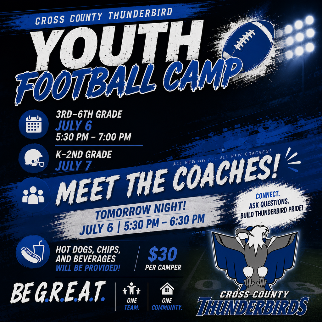 A bold blue, black, and white promotional graphic for the Cross County Thunderbirds Youth Football Camp. The headline reads "Youth Football Camp" with a large "Meet the Coaches!" banner highlighted across the center. The graphic announces Meet the Coaches on Monday, July 6, from 5:30 to 6:30 p.m. and lists Youth Football Camp times for 3rd through 6th grade on July 6 from 5:30 to 7:00 p.m. and Kindergarten through 2nd grade on July 7 from 5:30 to 7:00 p.m. It also notes that hot dogs, chips, and beverages will be provided and that the cost is $30 per camper. The Cross County Thunderbirds logo appears in the lower right corner with the slogan "Be G.R.E.A.T." and icons representing teamwork, community, and shared goals. The design features a football field under stadium lights with a textured, athletic theme in the school's blue, silver, black, and white colors.