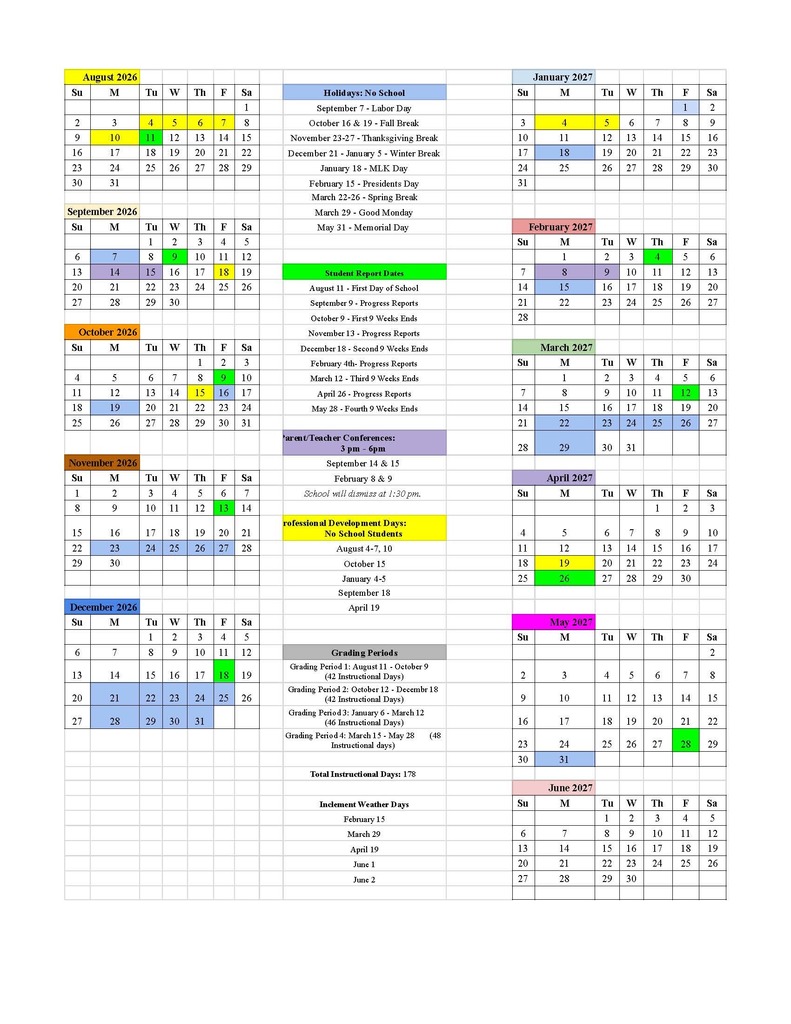 2026/2027 School Year Calendar