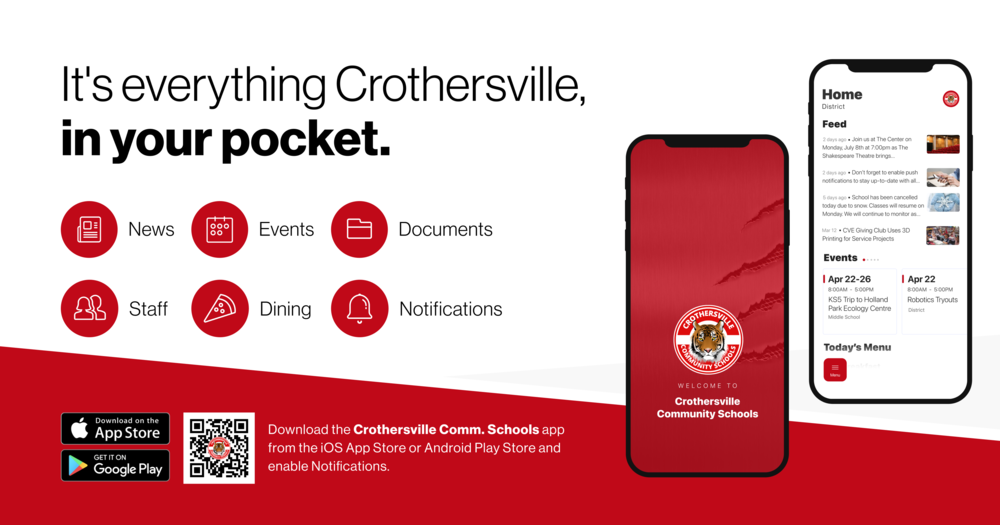 A promotional image displaying the uses of the Crothersville Comm. Schools app.
