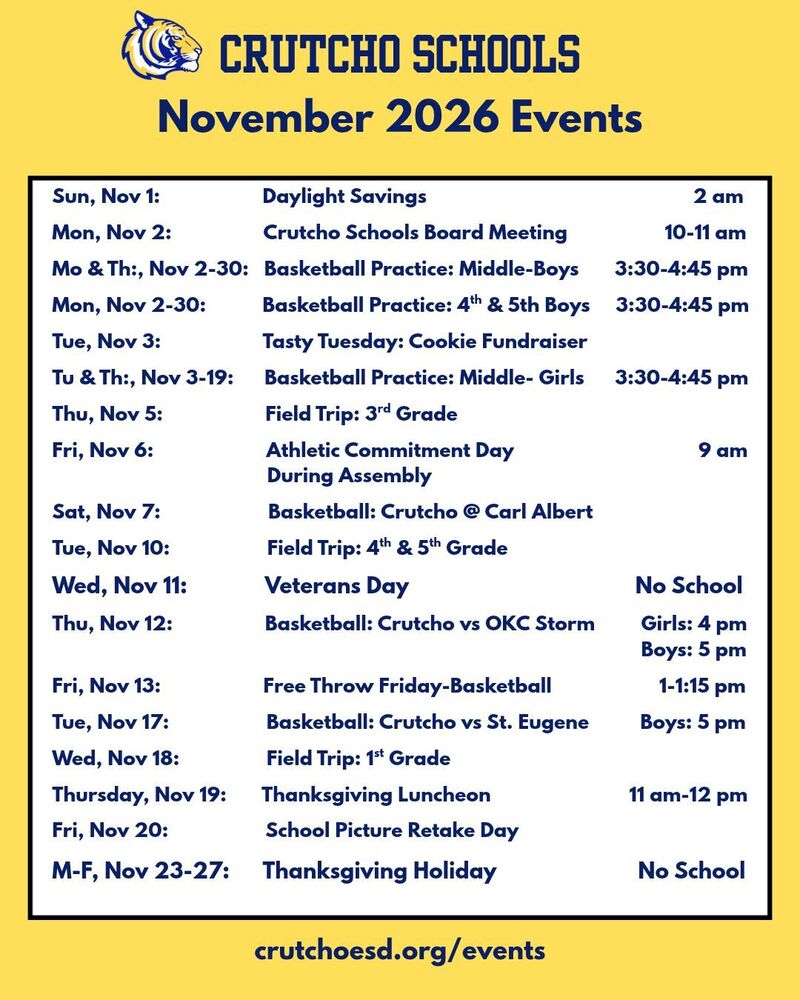 Here's what's happening at Crutcho Schools in November 2026.