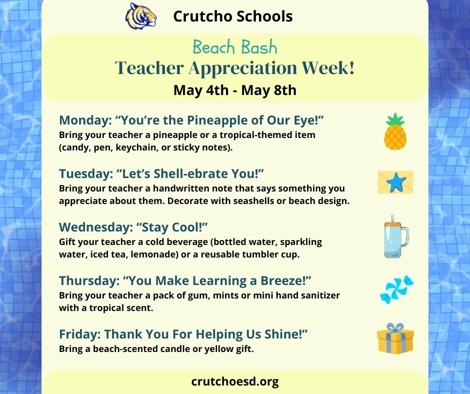 Teacher Appreciation Week is May 4th-8th. Each day bring the following items for your teacher. These are for fun and not required to bring.  Monday, "You're the Pinapple of our Eye", bring a pinapple or a tropicalthemed item. Tuesday, "Let's Shell-ebrate You". Bring a handwritten note or card and decorate with shells or beach design. Wednesday "Stay Cool". Bring a cold beverage or a tumbler cup. Thursday "You Make Learning a Breeze". Bring gum, mints or hand sanitizer with tropical scent. Friday "Thank  You for Helping Us Shine". Bring a beach-scented candle or yellow gift.