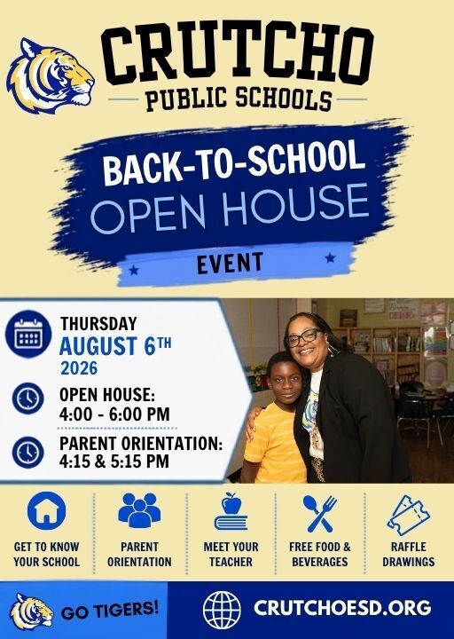 Join us this Thursday, August 6th for the Back to School Open House at Crutcho Schools from 4 - 6 pm. Parent Orientations are at 4:15 pm & 5:15 pm in the gym. Bring the family and enjoy free beverages, food and raffle drawings! #backtoschool #firstdayofschool ##meettheteacher #parentorientation #TigerNation #crutchotigers