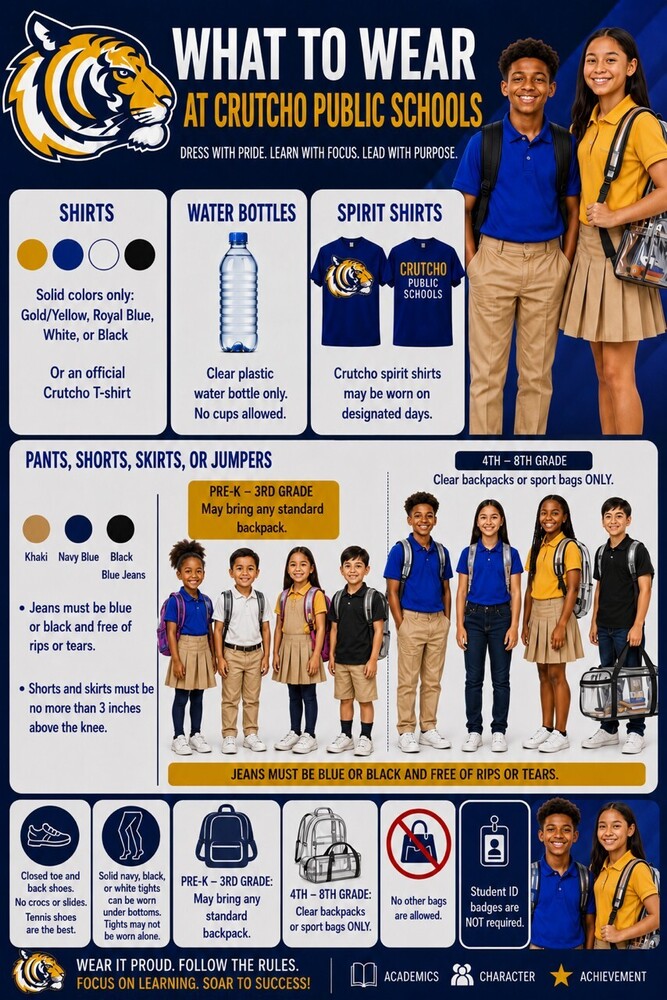 Here's what to wear at Crutcho Schools this school year, beginning Wednesday, August 12.  See you soon tigers! #schooluniforms #schoolcolors #backtoschool 