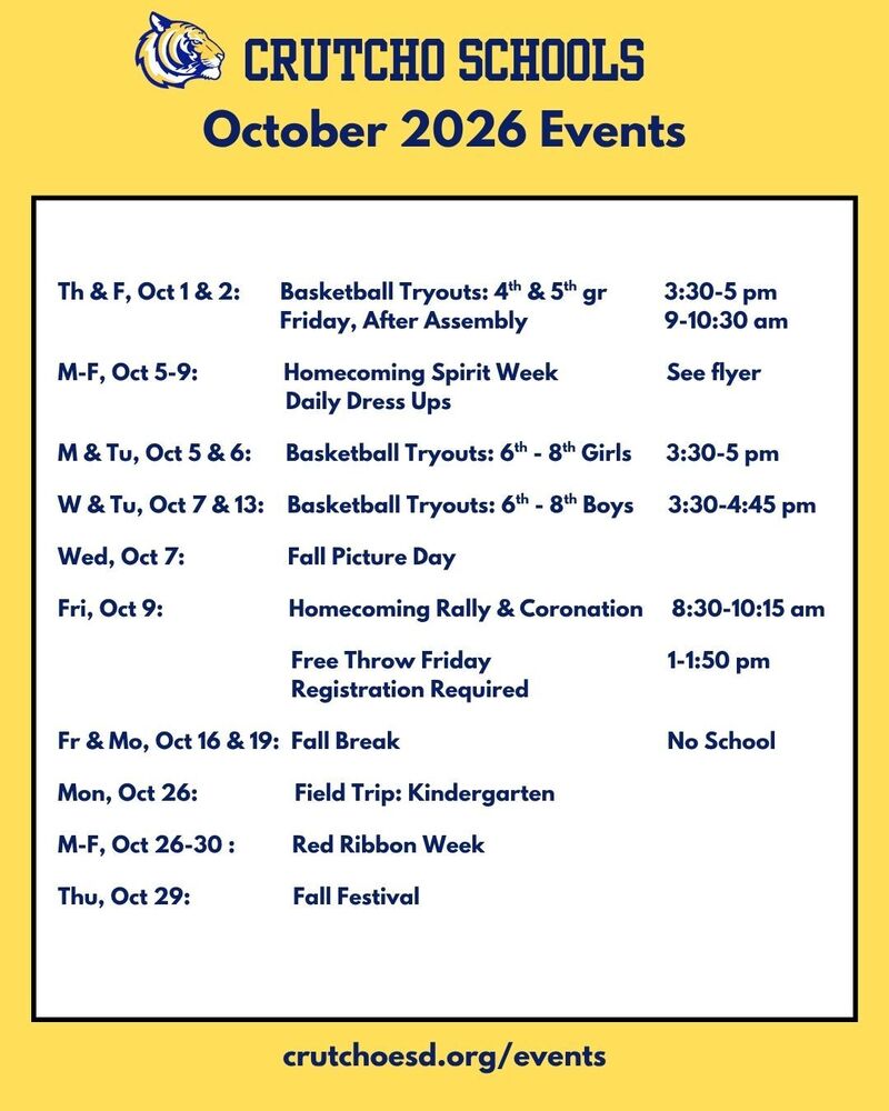 Here's what's happening at Crutcho Schools in October 2026.