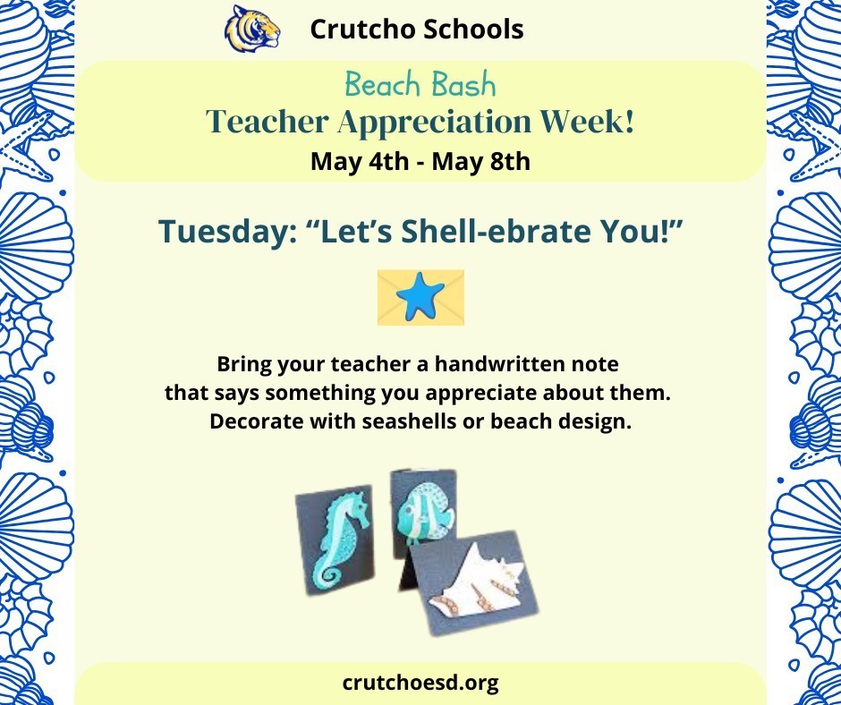 On Tuesday, for Teacher Appreciation Week, bring a handwritten note or card for your teacher. These are for fun and not required by students.
