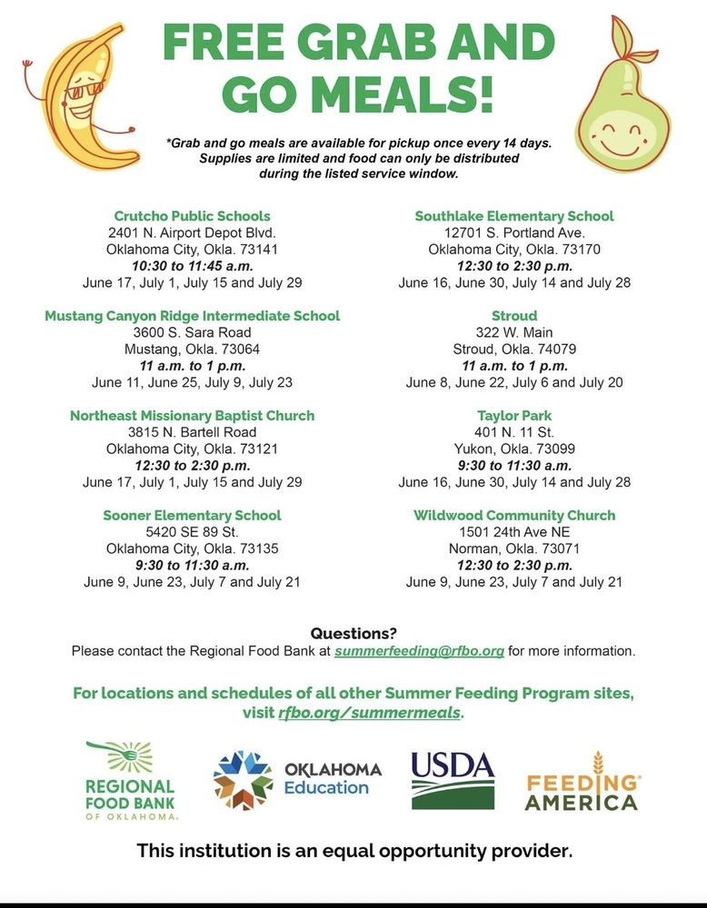 Free Grab and Go Meals. Available at Crutcho Schools from 10:30-11:45 am on: Wed, June 17 Wed, July 1 Wed, July 15 Wed, July 29 Located at 2401 N Air Depot Blvd Thank you to the Regional Food Bank of Oklahoma , Oklahoma State Department of Education , U.S. Department of Agriculture and Feeding America For more information visit rfbo.org/summermeals