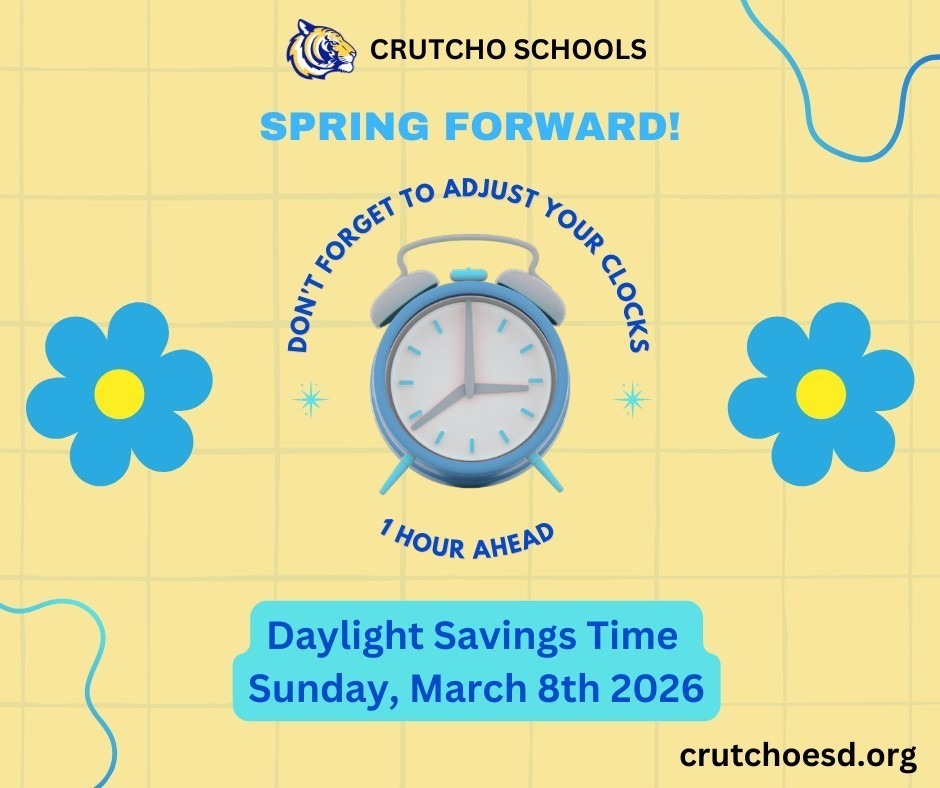 Remember to Spring Forward for Daylight Savings this Sunday, March 8th. We lose one hour of sleep but gain and hour of sunlight after school!  