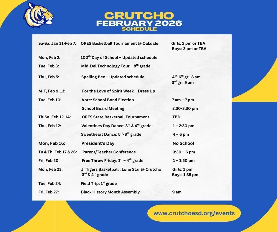 Here's what's happening in February at Crutcho Schools. 