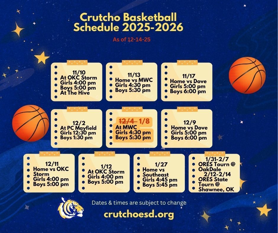 SCHEDULE CHANGE:  The make up basketball games for the cancelled games on December 4th, will now be played on JANUARY 8th, 2026 at Midwest City Middle School. This game was previously scheduled to make up on Dec 15, but now has changed to January 8th.