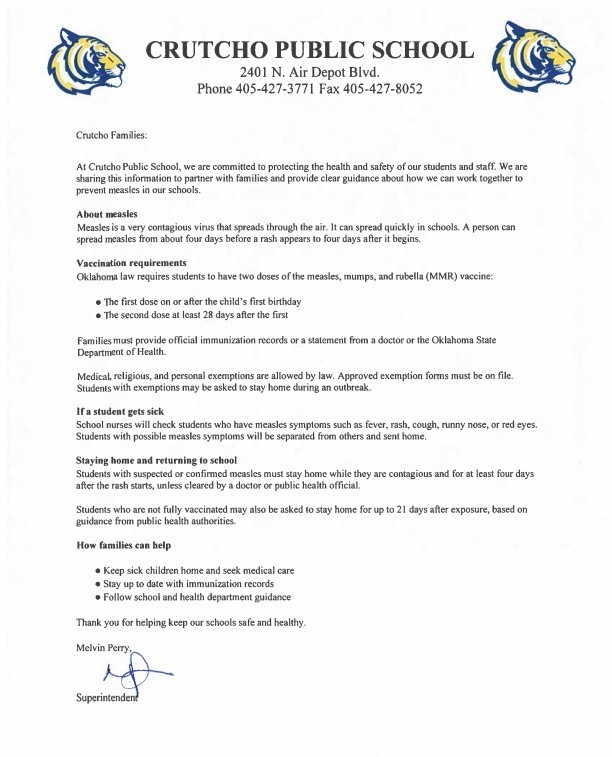 Measles policy at Crutcho Schools February 2026