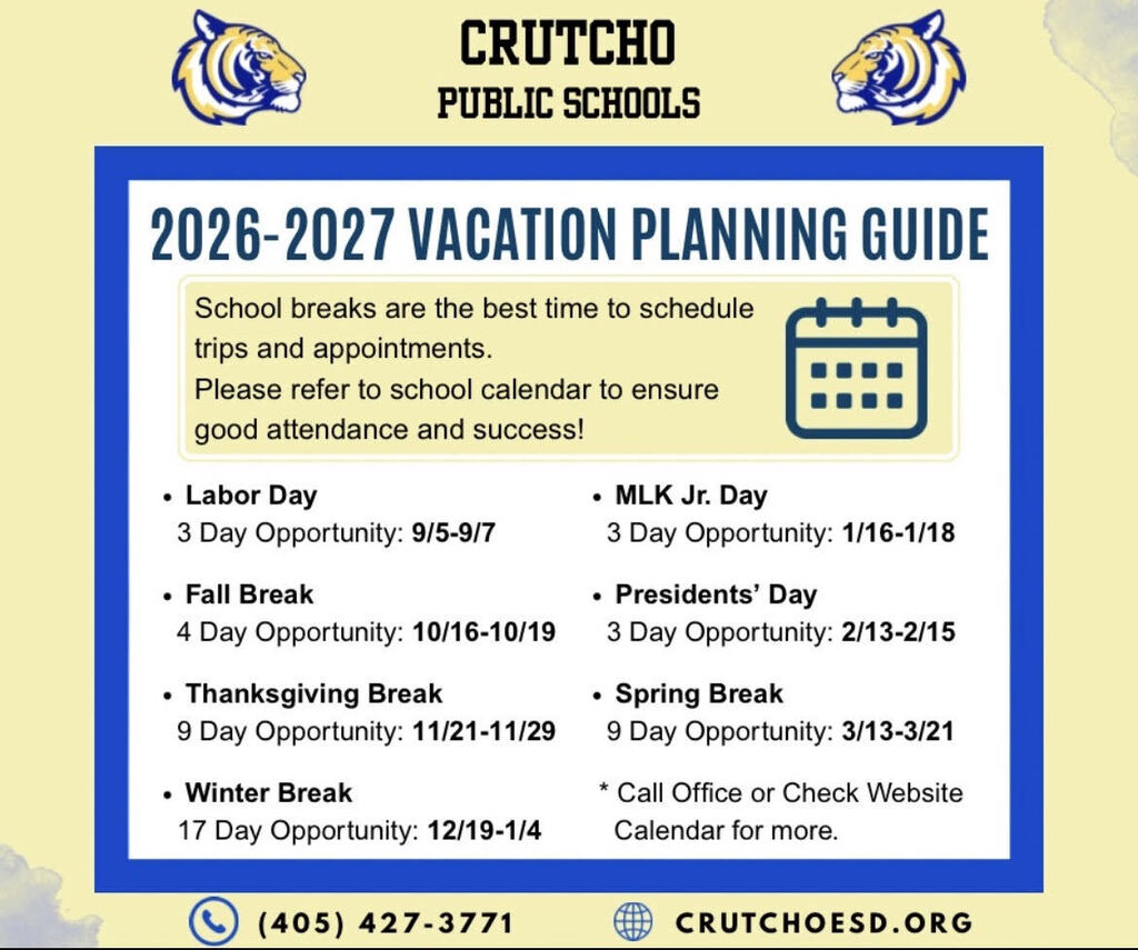 Please review this vacation planning guide and let's all strive for students to reach 100% attendance. Being in school every day is so important for learning and making our students feel confident in achieving their goals and dreams. Visit the Events page for the 2026-2027 School Calendar.