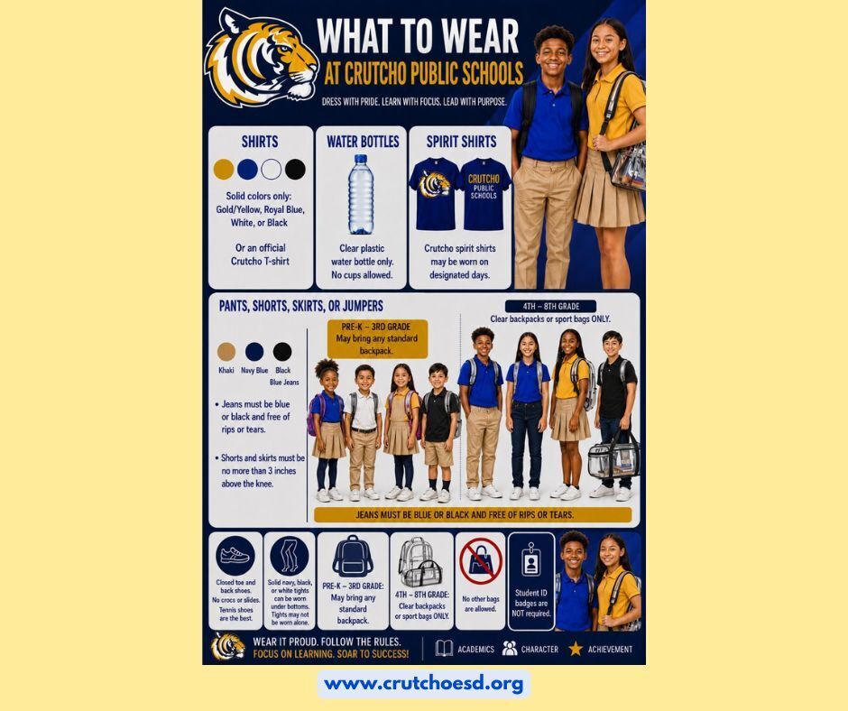 Here's what to wear at Crutcho Schools this school year, beginning Wednesday, August 12.  See you soon tigers! #schooluniforms #schoolcolors #backtoschool 