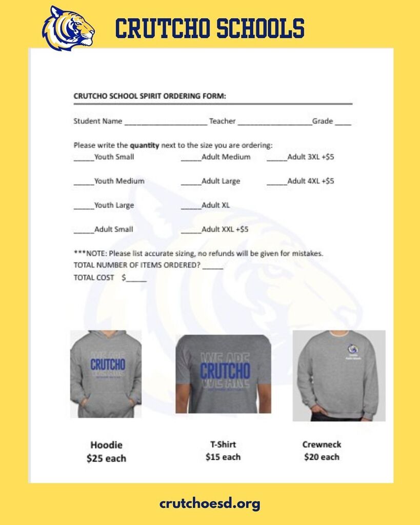 Get your t-shirt orders in next week. All orders are due by Friday, Sept 4. Please have orders turned in to your child's teacher. Let's go Tigers!